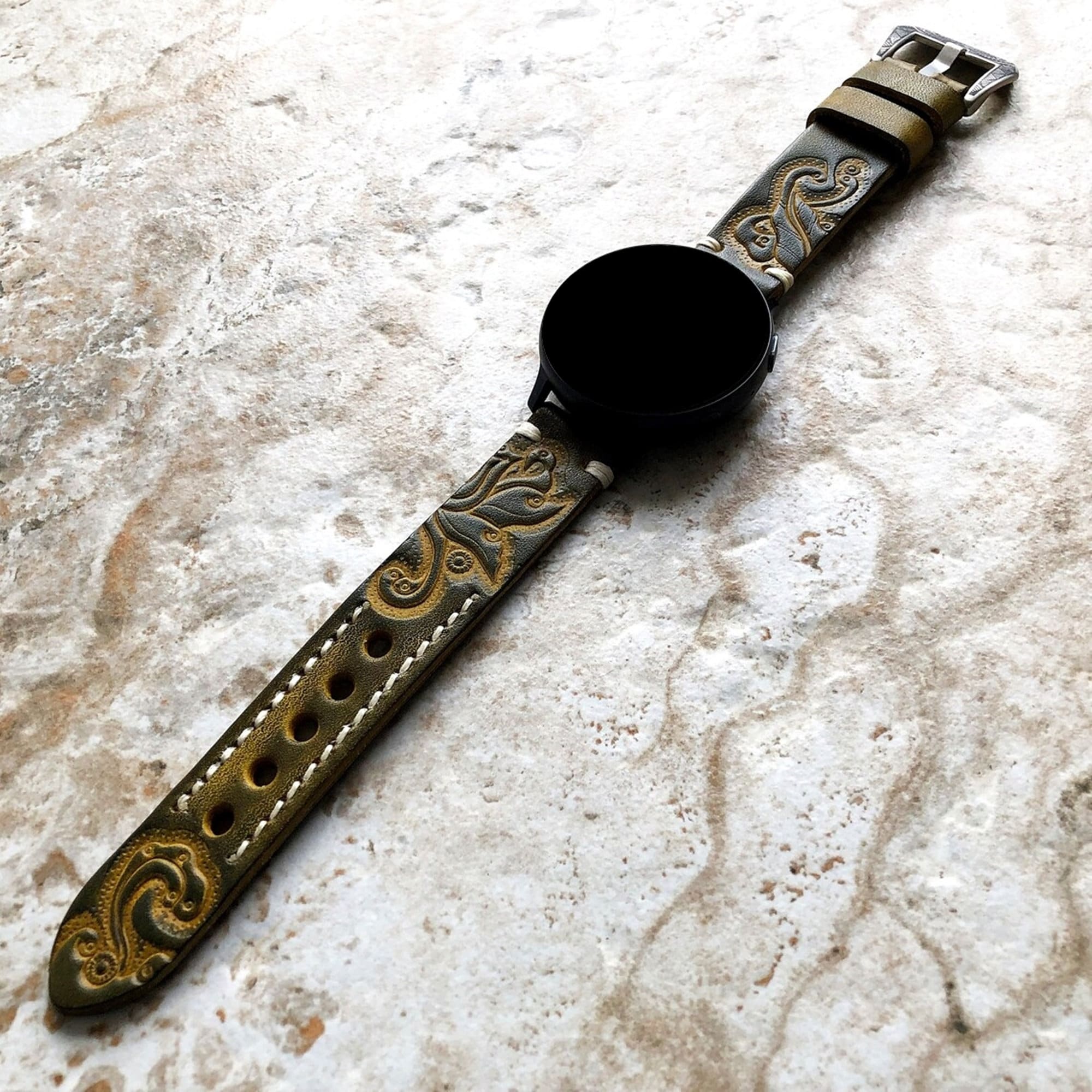 Google Pixel Watch 3 2 1 41mm Band Green and Yellow Embossed Genuine Leather Bracelet Wristband Strap Fashion Accessory Tech Jewelry B20-A